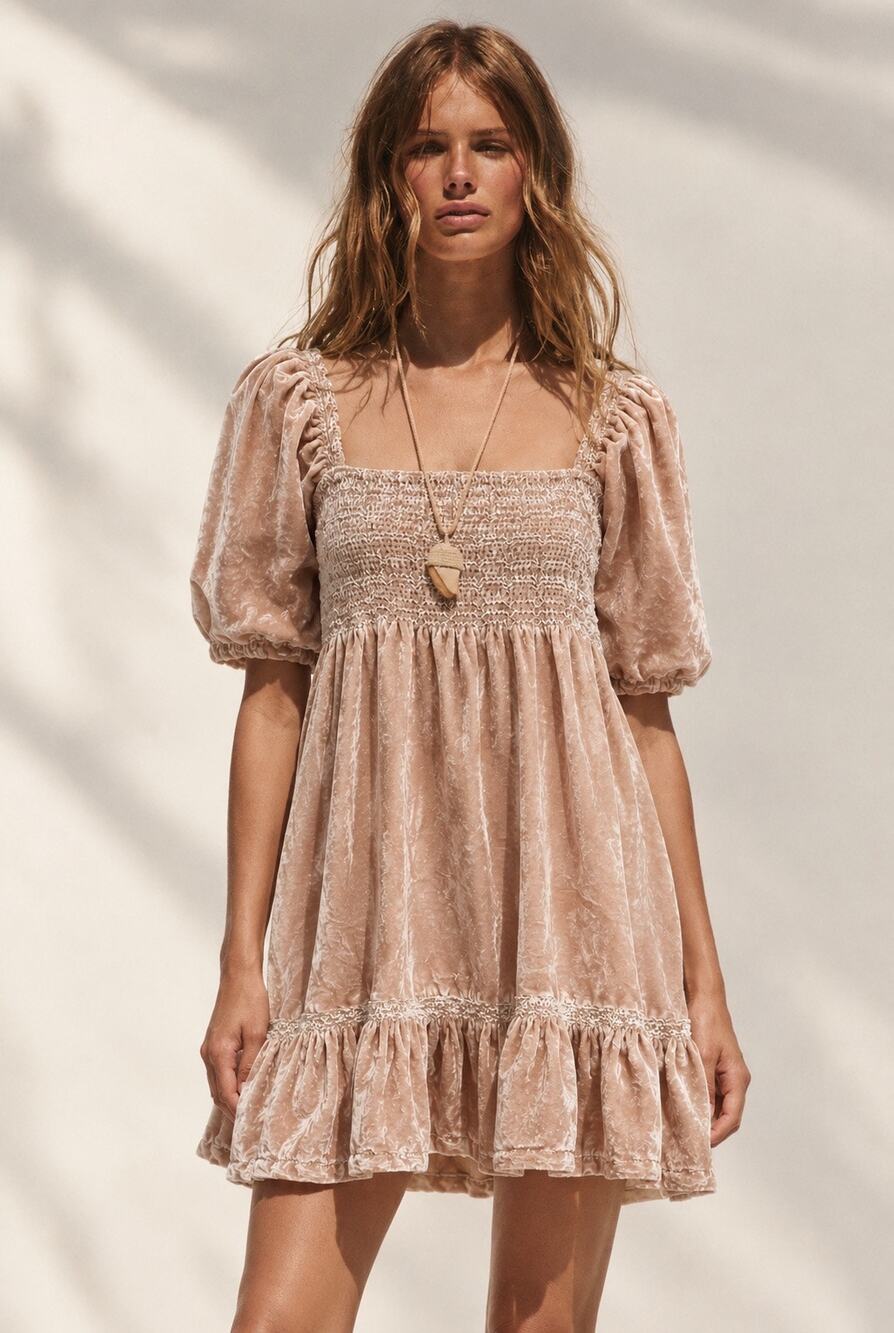 Free People Large Velvet Babydoll Mini Dress Smocked Bodice Puff Sleeves Boho